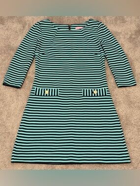 Lilly Pulitzer Charlene Shift Dress Ottoman Stripe 3/4 Sleeve Blue Green Size XS